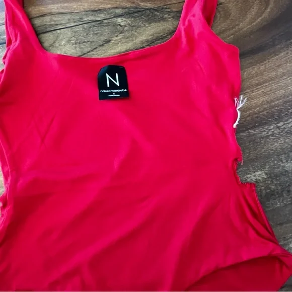 NAKED WARDROBE Red Tank Square Neck Bodysuit Size M Soft Shaping Minimalist Chic - Picture 3 of 6